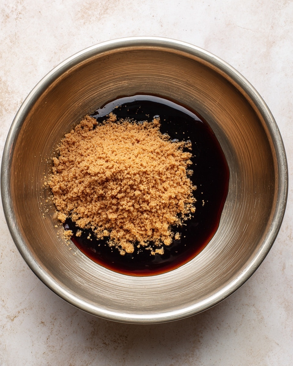 Inside a large, silver metal bowl with visible fine scratches, there is a small pile of light brown granulated sugar sitting on top of a dark brown thick syrup-like liquid. The sugar has a crumbly texture, and the syrup beneath it has a glossy, sticky look. The bowl's curved sides frame the ingredients at the bottom center, with a white marbled surface faintly visible outside the bowl edges. photo taken with an iphone --ar 4:5 --v 7