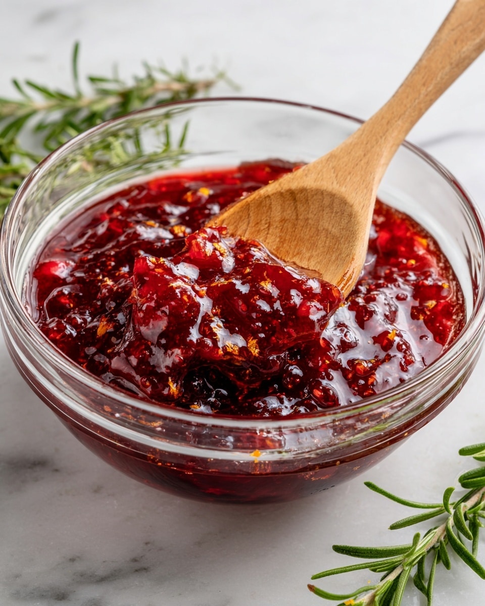A clear glass bowl contains a thick, glossy red mixture with varying shades from bright red to deep crimson, showing chunks of fruit and bits of orange zest. A light wooden spoon is partially submerged, coated with the shiny mixture, and angled toward the right side of the bowl. The bowl rests on a white marbled surface with sprigs of fresh green rosemary around it. The texture looks sticky and slightly chunky with visible bubbles around the edges. photo taken with an iphone --ar 4:5 --v 7