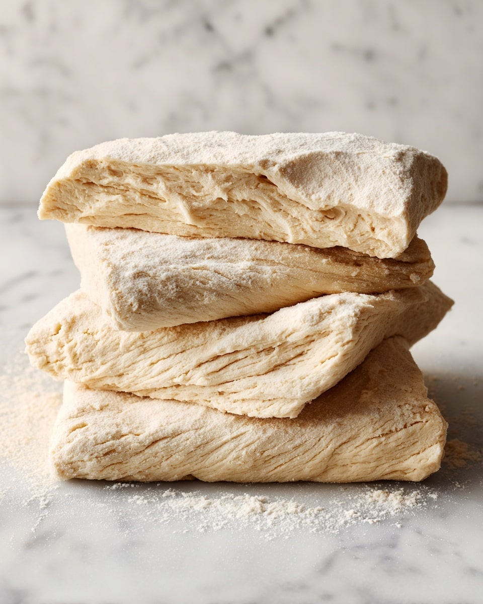 A rough, uneven stack of dough pieces is shown on a white marbled surface. The dough has a pale beige color with a soft, slightly bumpy texture. There are four thick layers stacked loosely on top of each other, each with visible folds and creases, giving a sense of stretch and softness. The edges of the dough are irregular and wavy, showing a light powdery coating. The photo taken with an iphone --ar 4:5 --v 7
