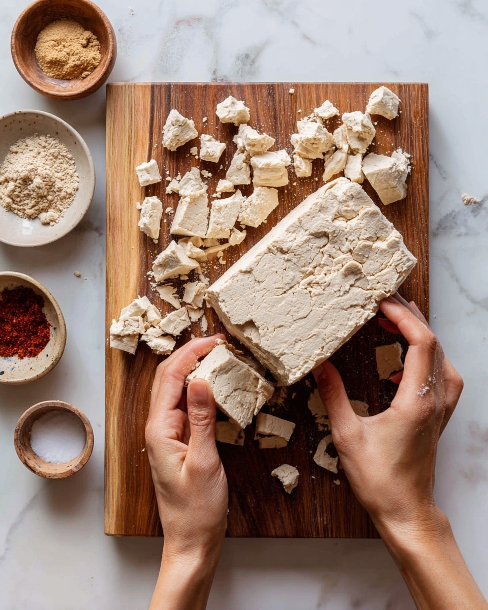 The image shows a wooden cutting board placed on a white marbled surface. On the board, there is one large block of a crumbly, pale beige tofu-like food. Around it, many small broken pieces of the same food are scattered. A pair of woman's hands is breaking off a piece from the large block. In the corners of the image, small bowls with ingredients, including a light brown powder, a reddish-brown powder, and a dark liquid, are partially visible. Photo taken with an iphone --ar 4:5 --v 7