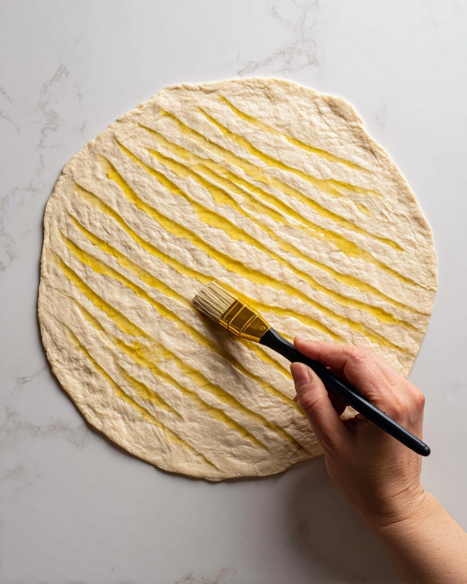A round, flat dough circle with a rough, uneven surface is laid on a white marbled background. A woman's hand is holding a brush, lightly spreading golden yellow oil in long, thin lines across the dough’s top. The oil has a shiny, smooth texture that contrasts with the matte, slightly cracked dough below. The image captures the dough fully stretched out, showing its light beige color and soft texture. Photo taken with an iphone --ar 4:5 --v 7