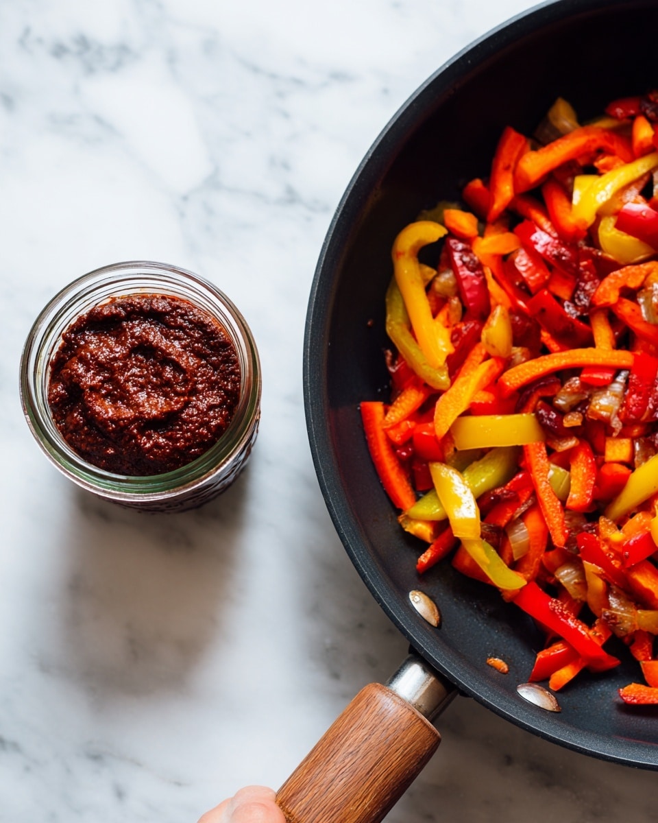 The left side of the image shows a close-up top view of a small glass jar filled with a thick dark reddish-brown paste placed in the middle, surrounded by chopped red and yellow bell pepper strips, all on a white marbled surface. The right side shows a close-up of a black pan with cooked red and yellow bell pepper strips mixed with small pieces of carrot and onion, topped with a few dollops of the same dark reddish-brown paste, all resting on a white marbled surface. photo taken with an iphone --ar 4:5 --v 7