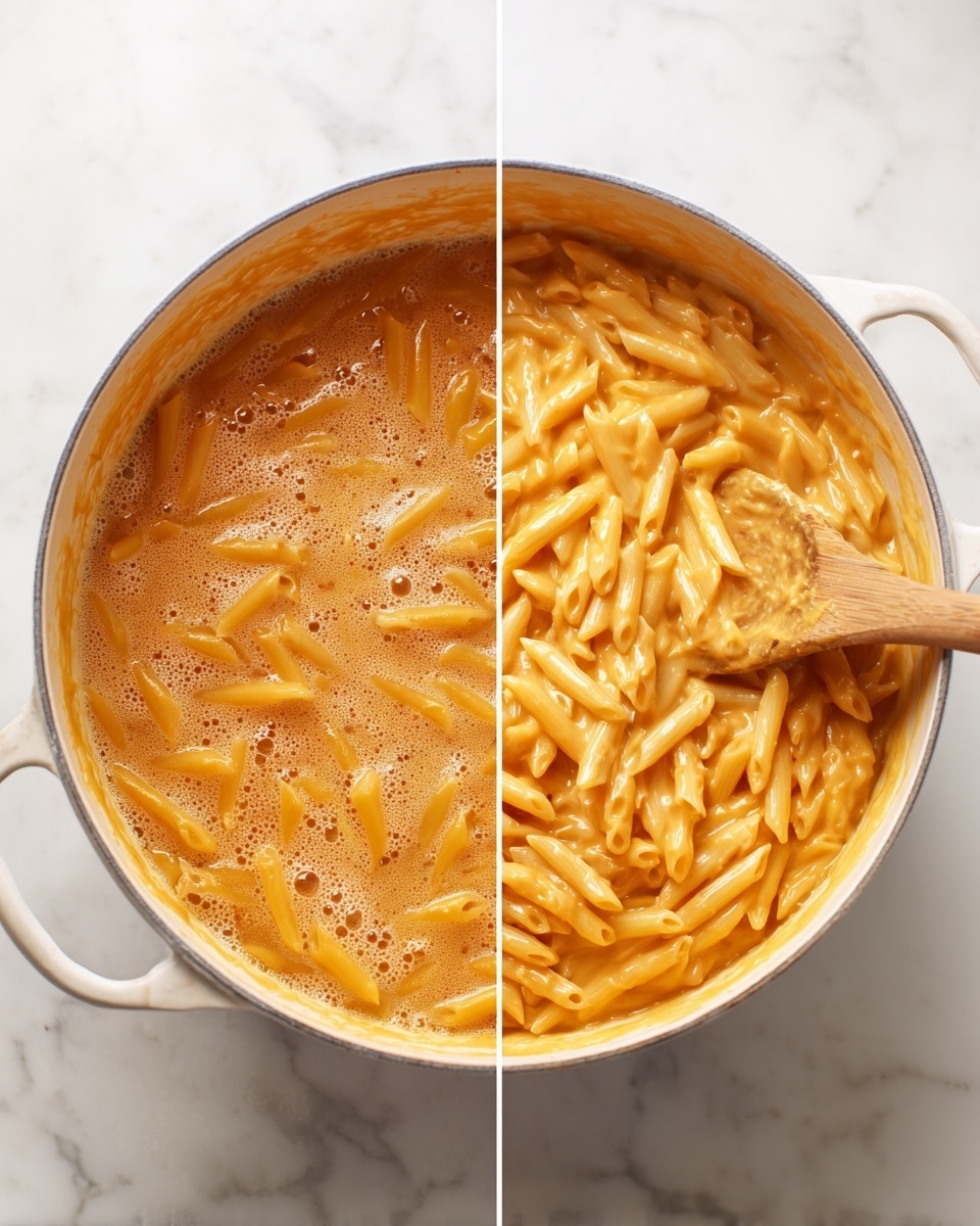 The image shows two close-up views of macaroni cooking in a white pot placed on a white marbled surface. On the left, the pot is filled with pasta submerged in an orange liquid with bubbles floating on the surface. On the right, the pasta has absorbed the liquid and turned creamy and thick with a rich golden-orange color, being stirred by a wooden spoon inside the pot. The scene highlights the transformation from boiling pasta in broth to creamy cheese pasta, all in the same white pot. Photo taken with an iphone --ar 4:5 --v 7