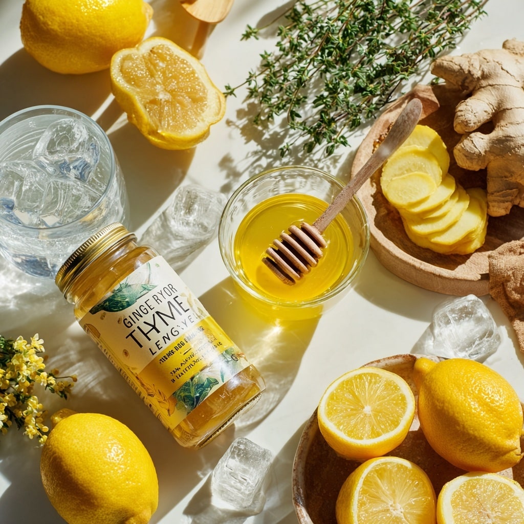 Two clear glasses filled with ice and pale yellow lemonade sit on a white marbled surface. Each glass has a thin lemon slice pressed against the inside, and a green thyme sprig sticking out. One glass has a shiny gold metal straw angled forward through the thyme. In the background, a clear pitcher holds more lemon drink with lemon slices visible inside. Fresh lemon, ginger root, and thyme sprigs rest casually nearby. The scene is bright with soft light and a white tiled wall behind. Photo taken with an iphone --ar 4:5 --v 7