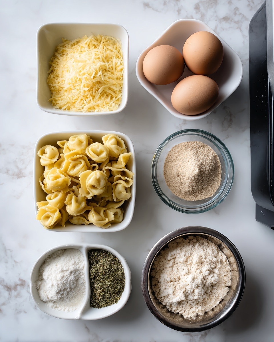 The image shows a white bowl filled with small, round, golden brown baked snacks that have a crunchy texture with specks of seasoning visible on their surfaces. The bowl is placed on a wooden table with scattered dry tortellini around it and some cheesy powder sprinkled near the bowl’s base. To the right, there is a white ramekin filled with chunky red tomato sauce. Behind the bowl, there are two glass spice jars, one filled with green dried herbs and the other with a grated cheese. A checkered black and white cloth is placed on the left side of the bowl, and the overall background has a white marbled texture. Photo taken with an iphone --ar 4:5 --v 7