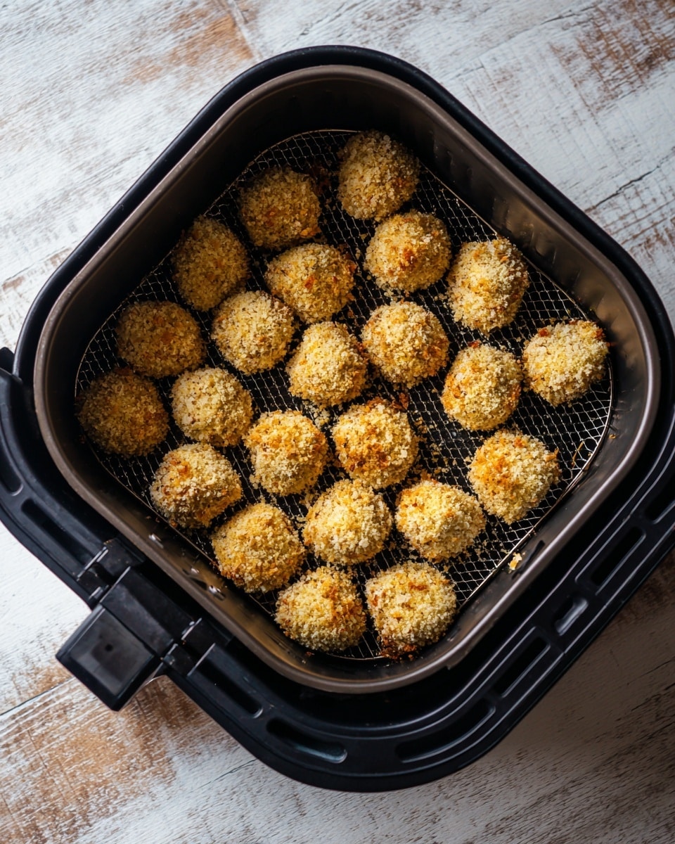 The image shows a black air fryer basket filled with small round pieces of food coated with a crumbly, pale yellow and light brown breadcrumb mixture. The pieces are spread in a single layer across the bottom of the basket, which has a dark mesh texture. The basket is set on a white marbled surface with a wood-like pattern background visible above. The handle of the basket is seen at the top of the image. Photo taken with an iphone --ar 4:5 --v 7