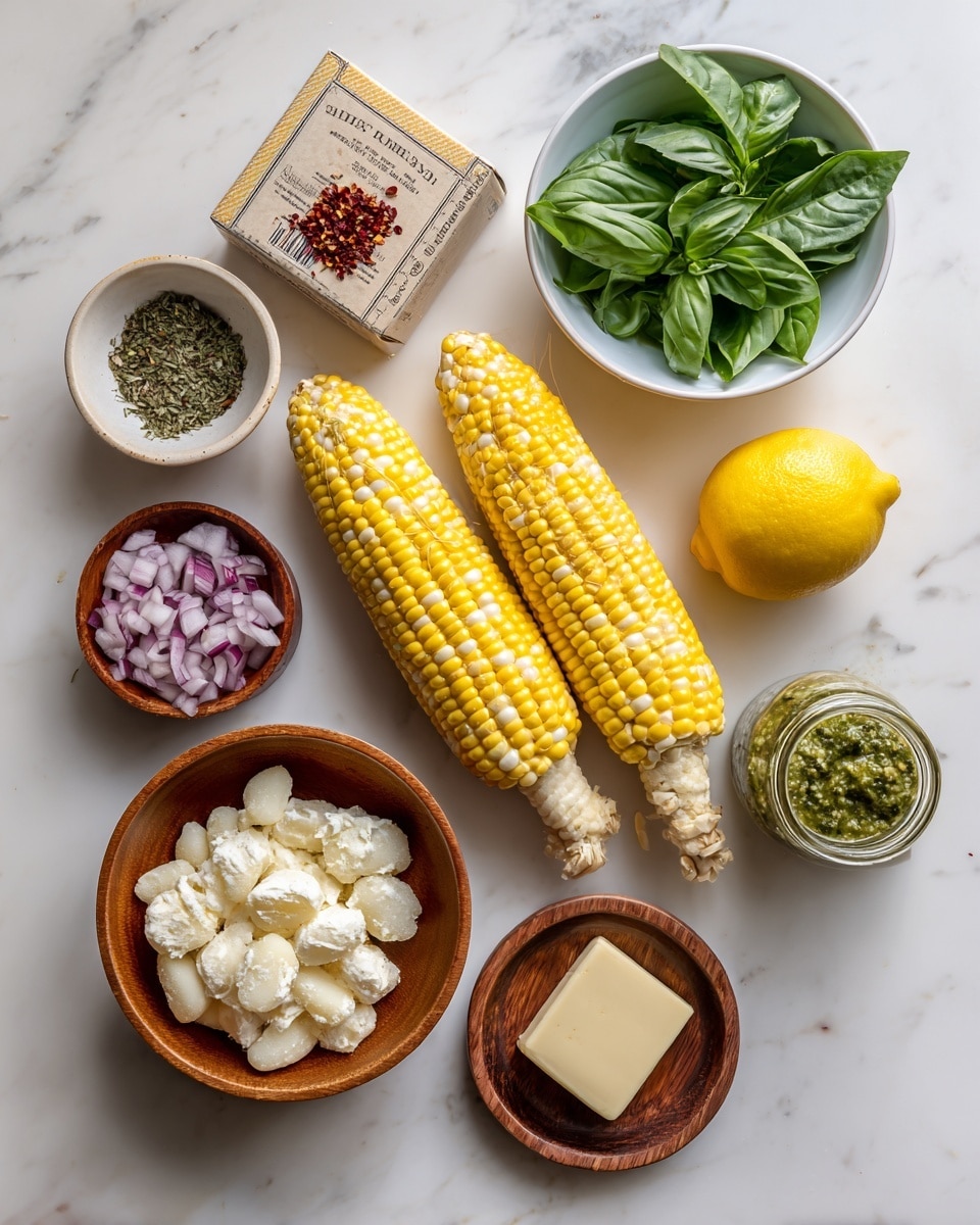 The image shows ingredients arranged neatly on a white marbled surface. There are two ears of yellow and white corn centered, with a whole yellow lemon to the right. Above the corn, there is a small white bowl filled with fresh green basil leaves. Next to it on the top left is a small white bowl containing dried red pepper flakes and herbs. On the far left, there is a brown and white box of potato gnocchi. Below the basil bowl, a wooden bowl holds finely chopped white and purple onions, and to its left, another wooden bowl contains a white creamy cheese. To the right of the chopped onions, a small wooden plate holds a square chunk of butter, and nearby is a clear jar with a green label of basil pesto. A small brown bowl on the top right contains minced garlic. photo taken with an iphone --ar 4:5 --v 7
