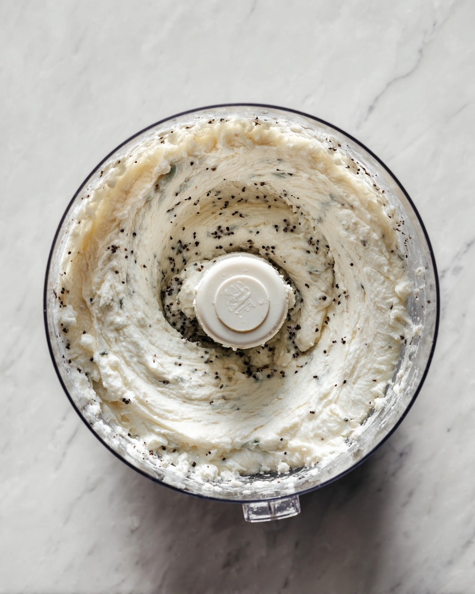 A close-up view inside a clear food processor bowl showing a thick, creamy white mixture with tiny black specks evenly spread throughout. The mixture is smooth with some texture visible, pressed partially against the bowl’s sides and surrounding the central white KitchenAid blade holder. The setting is on a white marbled surface. Photo taken with an iphone --ar 4:5 --v 7