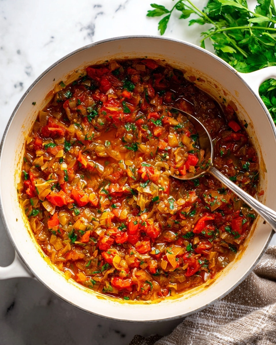 The dish shows a large white pot filled with a colorful mix of cooked chopped onions and diced red tomatoes. The onions are soft and light golden, mixed with the bright red chunks of tomatoes creating a rich, textured base. A metal spoon is partially immersed in the pot, stirring the thick mixture. The pot sits on a white marbled surface with some green herbs visible in the background, giving a fresh cooking vibe. Photo taken with an iphone --ar 4:5 --v 7