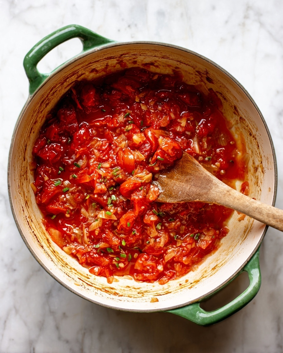 A white pot with green handles filled with a sauce made of whole and broken red tomatoes sitting on a white marbled surface. The sauce has visible pieces of cooked onions and garlic mixed in, with a chunky, slightly watery texture. A wooden spoon is inside the pot, resting against the inner side, showing some sauce on it. The inside walls of the pot have slight brown stains from cooking. photo taken with an iphone --ar 4:5 --v 7