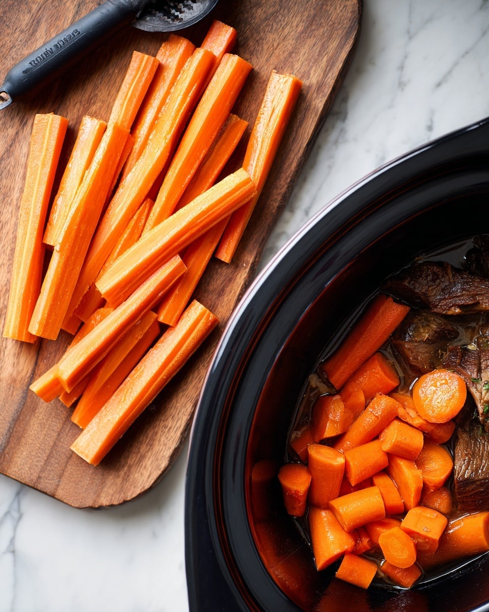 The image shows two side-by-side photos. On the left, many thick carrot sticks lie scattered on a wooden board, with a black peeler and some cut carrot ends visible near the edge. On the right, the carrots are placed inside a black slow cooker, cooking together with a piece of browned meat and some liquid at the bottom. The carrots are bright orange and look fresh, some whole and some cut into chunks. The whole scene is set on a white marbled surface. photo taken with an iphone --ar 4:5 --v 7