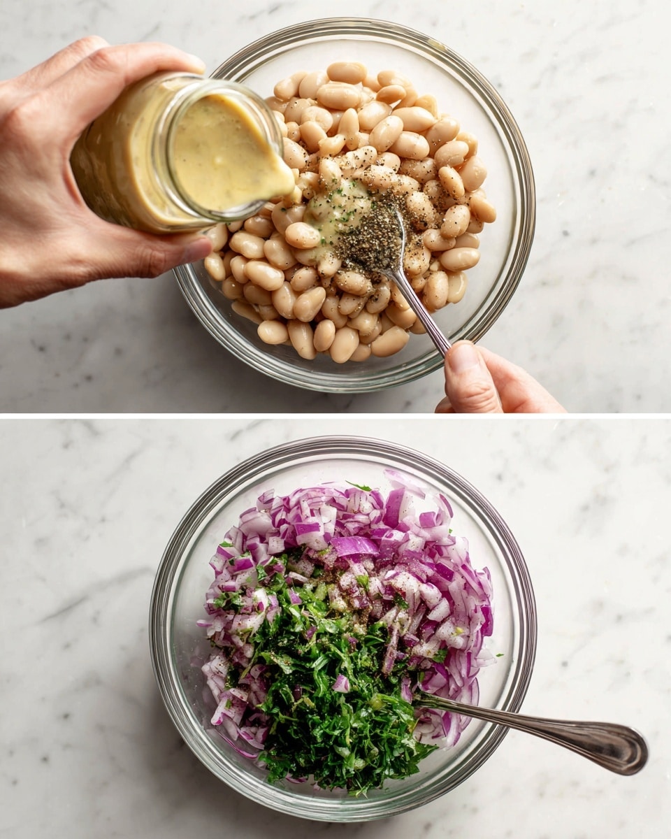 The image shows two photos of a clear glass bowl placed on a white marbled surface. In the top photo, a woman's hand is pouring a creamy light yellow dressing from a small clear jar onto a layer of pale beige beans in the bowl, with a silver spoon resting inside the bowl. The bottom photo shows the same bowl with the beans now mixed with finely chopped purple onions, fresh green herbs piled in the center, and a sprinkle of black pepper on top, with the silver spoon still inside the bowl. Photo taken with an iphone --ar 4:5 --v 7