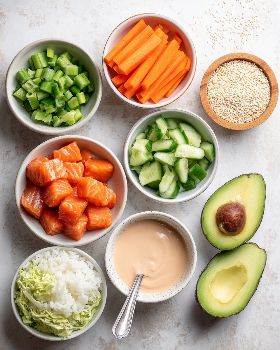 The image shows multiple small white bowls arranged on a white marbled surface. One bowl contains orange carrot sticks, another holds bright green chopped cucumber pieces, and a third bowl has orange salmon chunks in dark brown sauce. Below the carrot and cucumber bowls is a white bowl filled with a smooth, light pink sauce with a silver spoon inside. To the right of the sauce, there are two halves of an avocado, one with the seed and the other hollow. The lower portion of the image shows a bowl of white rice and a bowl with chopped cabbage and other greens, visible at the edges. On the top right, there is a small wooden bowl filled with pale sesame seeds. photo taken with an iphone --ar 4:5 --v 7