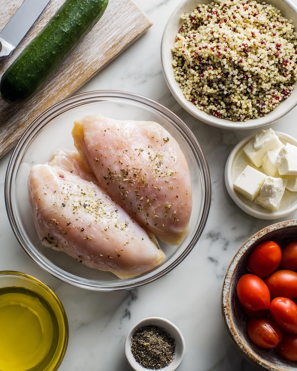 The image shows two raw chicken pieces in a clear glass bowl, lightly seasoned with pepper and oil giving a slight shine to the pale pink meat. Above the bowl, there is a white wooden board with a dark green cucumber, sliced into round pieces, and a white-handled knife resting on the board. To the right, a white bowl is filled with cooked tri-colored quinoa, showing beige, red, and black grains. Next to the quinoa, a small white bowl holds chunks of soft white cheese. Below the chicken bowl, a smaller white bowl contains a sprinkle of black pepper. At the bottom left, part of a glass container with yellow broth or soup is visible, and at the bottom right, a rustic round white bowl filled with bright red grape tomatoes completes the scene. The background is a white marbled surface. photo taken with an iphone --ar 4:5 --v 7
