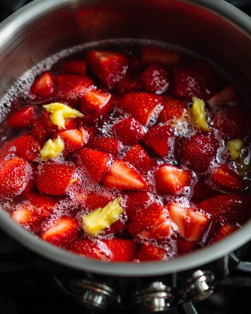 A shiny silver pot filled with water and bright red chopped strawberries floating on the surface. There are also a few uneven pieces of yellow ginger placed randomly among the strawberries. Small bubbles and foam cover parts of the water surface, indicating it is boiling or simmering. The pot is sitting on a black stove, with metallic knobs visible in the lower part of the image. The overall scene is clear and bright, captured from above. photo taken with an iphone --ar 4:5 --v 7