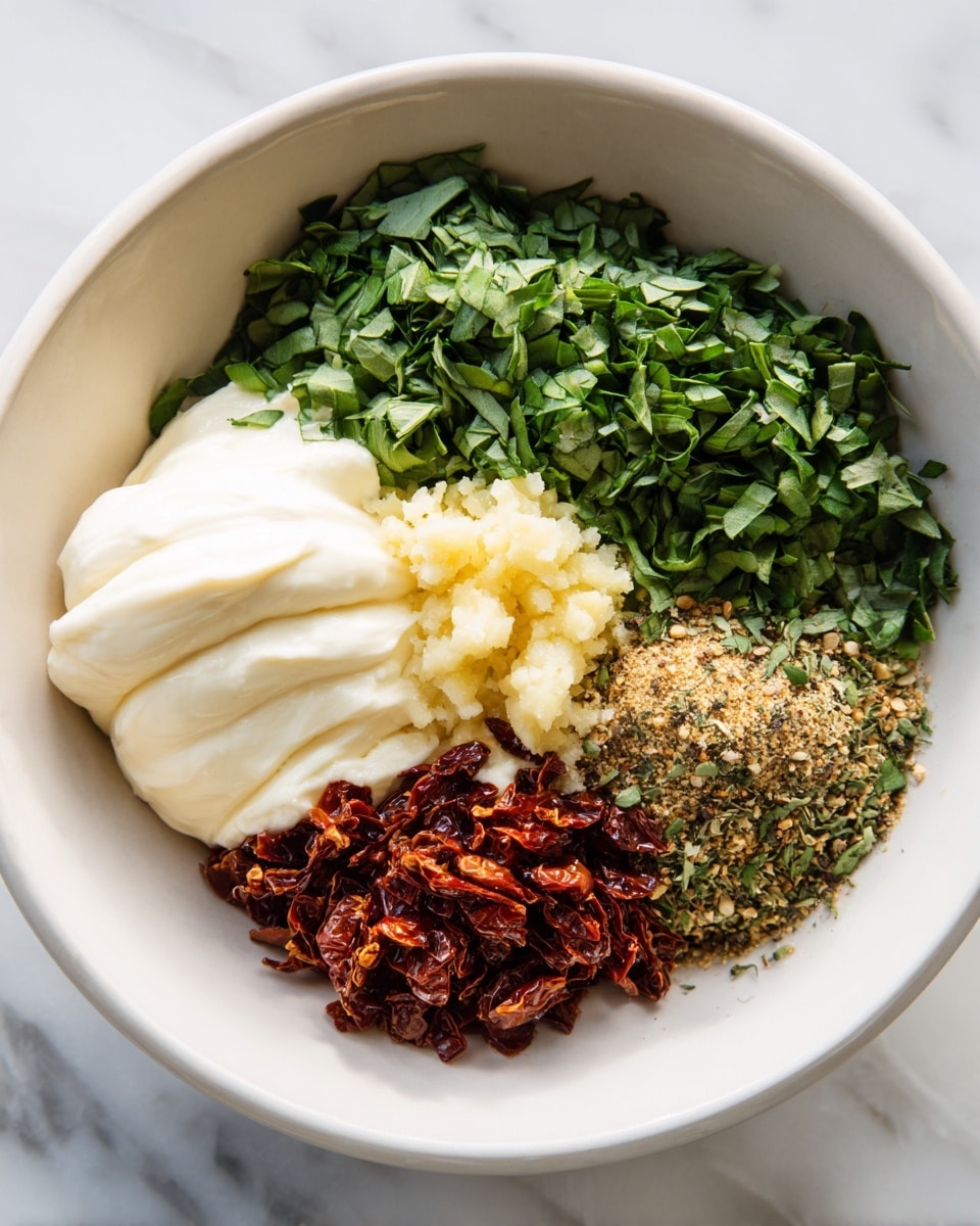 A white bowl contains six main layers arranged side by side: on the left, a small pile of creamy white mayo with a smooth texture and a scoop of finely minced light yellow garlic below it; next to that is a pile of chopped fresh green herbs that look like basil; to the right of the herbs is a mound of small, dark red dried tomato pieces with a slightly rough texture; above the mayo and herbs are light brown and green dried spices with a coarse texture scattered next to black pepper. The bowl sits on a white marbled surface. photo taken with an iphone --ar 4:5 --v 7