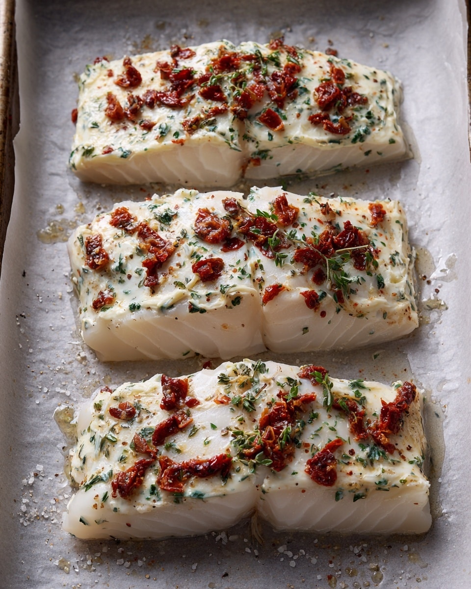 The image shows three pieces of raw white fish fillets laid out horizontally on a baking sheet lined with parchment paper. Each fish fillet has one thick layer of cream-colored topping spread evenly on top, studded with small chunks of sun-dried tomatoes and herbs that add red and green spots to the creamy white layer. The fish is light and almost translucent, contrasting with the textured creamy topping. The parchment paper beneath has a soft gray color with some salt and pepper sprinkled around the sides. Photo taken with an iphone --ar 4:5 --v 7