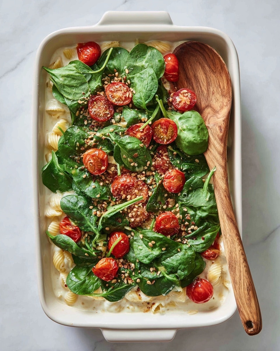 A white rectangular baking dish holds several layers of food. At the bottom is a layer of small, pale yellow pasta, partially visible at the edges and under the toppings. On top is a milky white sauce spread unevenly across the dish. Bright red cherry tomatoes, some whole and some split, are scattered across the surface. Fresh, dark green spinach leaves with a slightly shiny texture cover most of the top. A light sprinkle of pale seeds or small nuts rests near the center. A wooden spoon with a smooth surface is placed on the right side of the dish, partly touching the spinach and sauce. The dish sits on a white marbled surface. Photo taken with an iphone --ar 4:5 --v 7