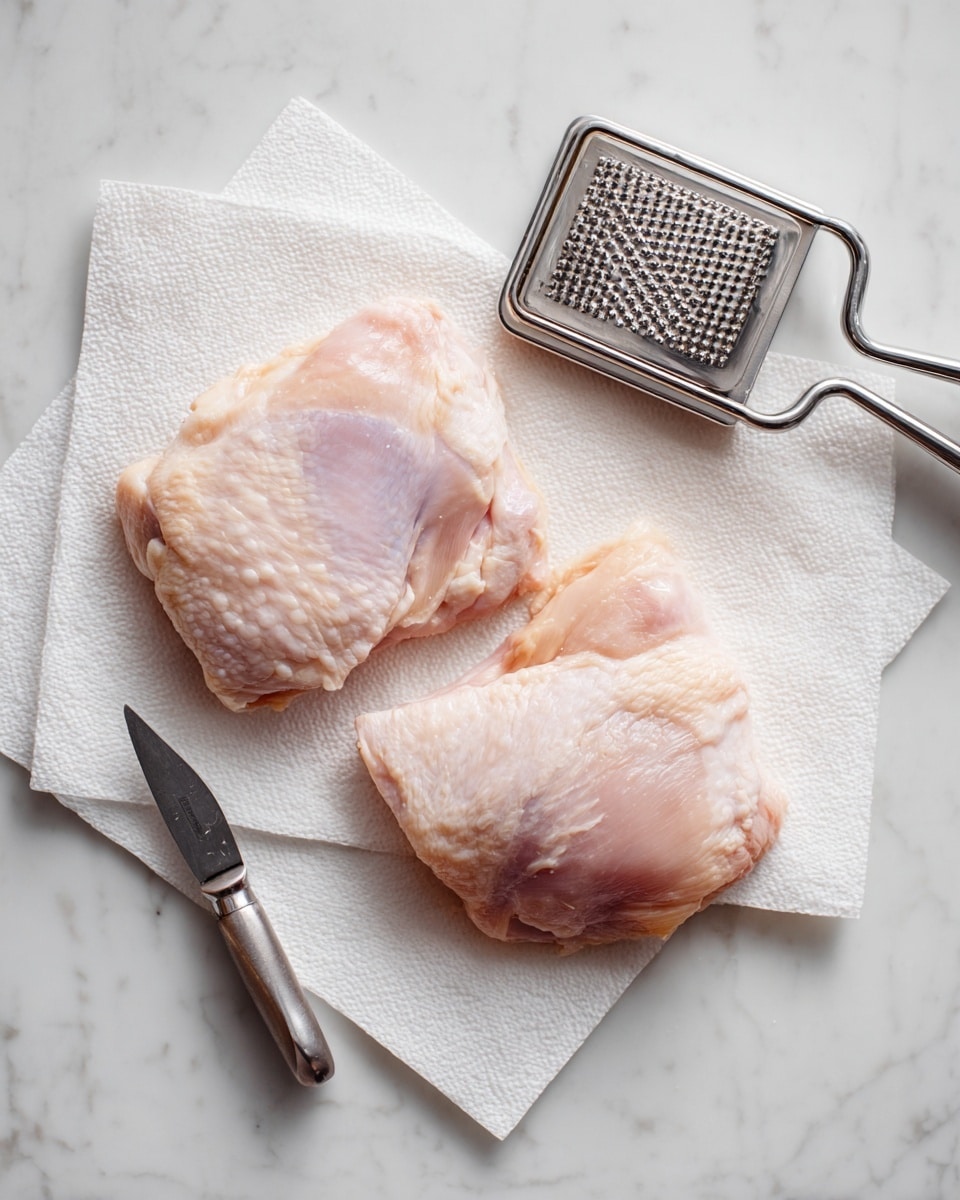Two raw, pale pink chicken pieces lie flat on two overlapping white paper towels, showing a smooth yet slightly fibrous texture. They are placed on a white marbled surface next to a silver metal meat tenderizer with a square, flat side facing up and its handle laying horizontally. The overall scene is bright and clean, highlighting the fresh chicken skin. Photo taken with an iphone --ar 4:5 --v 7