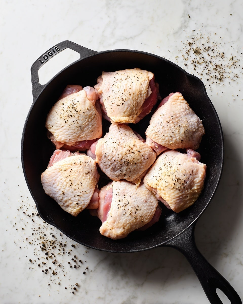 A black cast iron pan holds six pieces of raw chicken thighs, each piece light pink with white skin and some fat. The chicken pieces are scattered inside the pan in a loose circular shape, showing textured skin with some visible pepper sprinkled evenly on top. The pan sits on a white marbled surface with some black pepper granules around it. The handle of the pan points downward, and the word