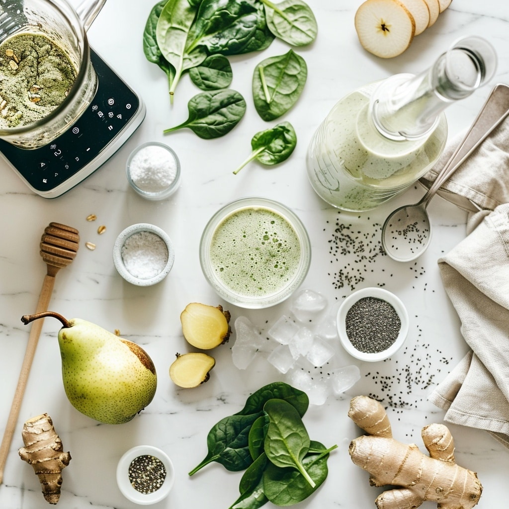 The image shows two clear blender jars set side by side on a white marbled surface. The left blender jar contains whole green spinach leaves layers with a pile of small light tan seeds in the middle, resting on a light creamy sauce at the bottom. The right blender jar has a light green blended smoothie with some visible bubbles and soft ice cubes floating in it. The blenders are seen from above, focusing on the mix inside the jars. photo taken with an iphone --ar 4:5 --v 7