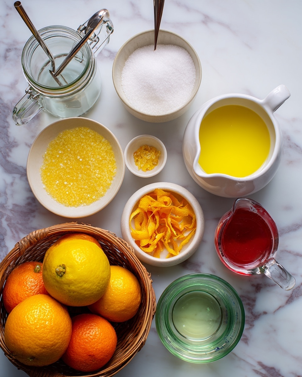 The image shows a top view of various cooking ingredients arranged on a white marbled surface. There are two clear glass jars at the top left with straws inside, one white ceramic bowl filled with granulated white sugar at the top right, a small white pitcher with bright yellow juice below the jars, a small white bowl in the center holding yellow and reddish-orange citrus peels, and a small white pitcher with reddish liquid below the yellow juice pitcher. A clear measuring cup filled with clear liquid is positioned to the right of the sugar bowl, and a green glass bottle is partially visible at the bottom right. At the bottom left, a wicker basket holds ripe citrus fruits, mainly oranges and lemons. Photo taken with an iphone --ar 4:5 --v 7