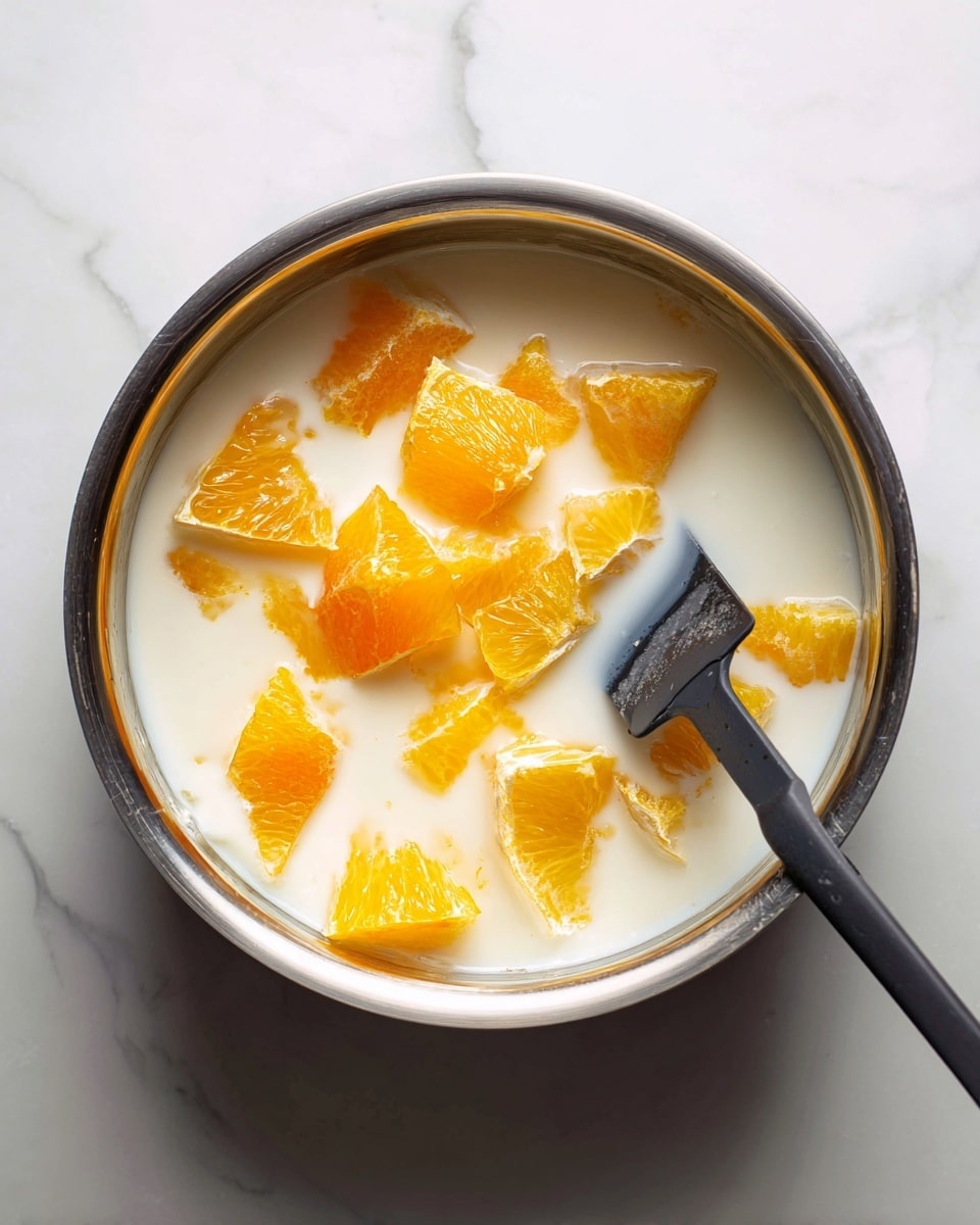 The image shows a shiny silver pot filled with a white, cloudy liquid and several pieces of orange and yellow citrus peels floating on the surface. A black spatula with a squared edge is resting inside the pot, partially submerged in the liquid and peels. The pot is placed on a white marbled surface, and the overall look is clean and simple with the bright colors of the citrus peels standing out against the milky white liquid. Photo taken with an iphone --ar 4:5 --v 7