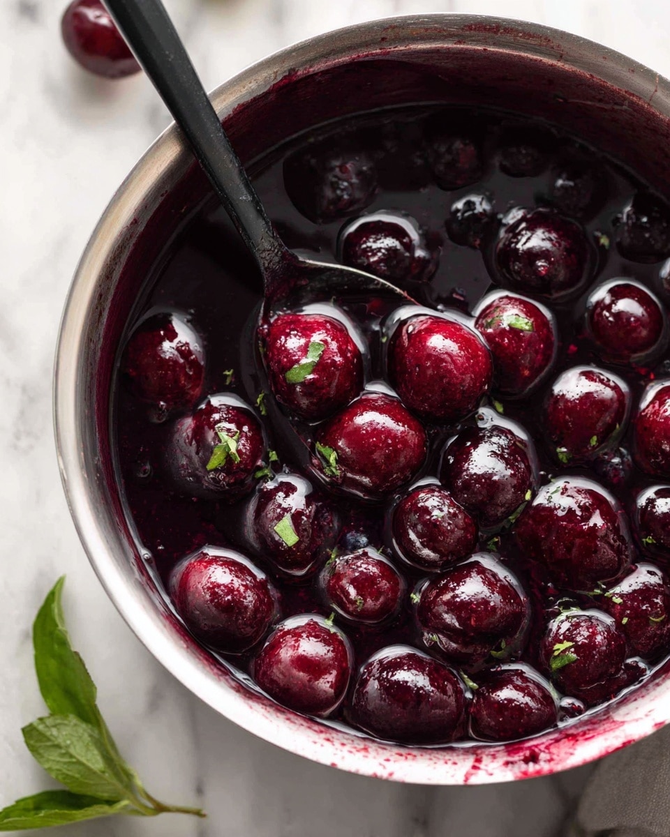 A close-up view of a stainless steel pot filled with a dark purple and red mixed berry sauce, with whole berries visible throughout the thick liquid, some berries look soft and cooked while others hold shape. A black spoon sits inside the pot, partially covered with the sauce. The pot is placed on a white marbled surface, with some fresh green leaves visible in the corner. The shiny pot edge has splashes of the purple sauce around it. Photo taken with an iphone --ar 4:5 --v 7