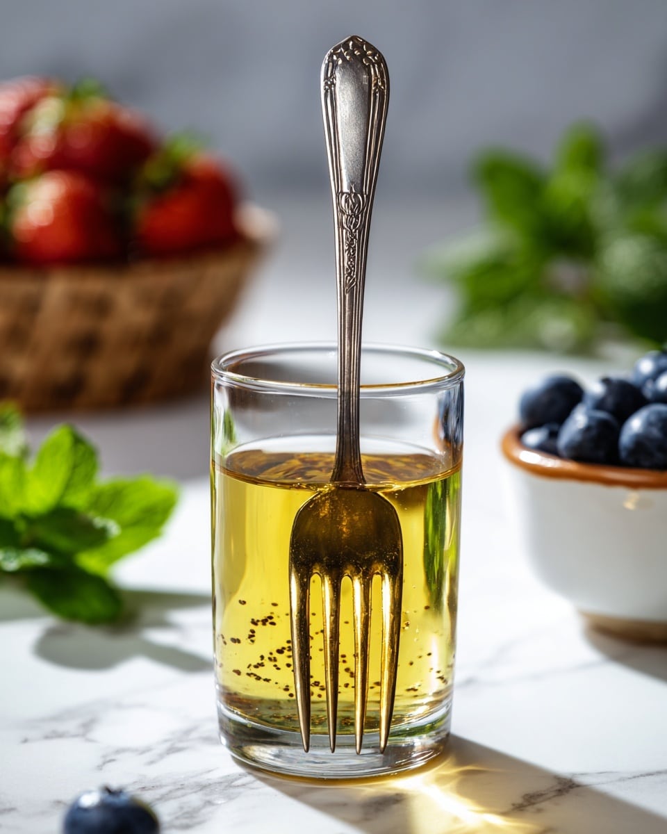 A clear glass holds a small amount of golden yellow liquid with tiny dark specks floating in it. Inside the glass stands a fork with a detailed handle, its tines dipped into the liquid, reflecting the golden color and small particles. The glass is set on a white marbled surface. To the left, there is a hint of green mint leaves, blurred in the foreground, and in the background on the left, a basket filled with red strawberries is slightly out of focus. On the right side, a white bowl with a brown rim contains dark blue blueberries. The lighting is bright and natural, highlighting the clear glass and the golden liquid inside. Photo taken with an iphone --ar 4:5 --v 7