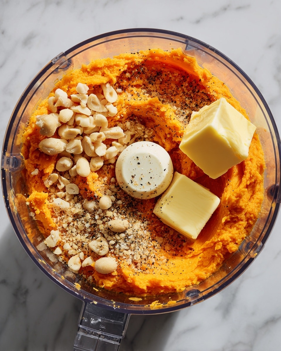A clear food processor bowl shows several layers inside: bright orange mashed sweet potatoes form the base, topped with small chunks of off-white nuts spread unevenly, and two yellow cubes of butter placed on one side. The ingredients are sprinkled with coarse salt and black pepper, giving a speckled look across the orange and yellow layers. The setting is on a white marbled surface, with soft natural light highlighting the textures. Photo taken with an iphone --ar 4:5 --v 7