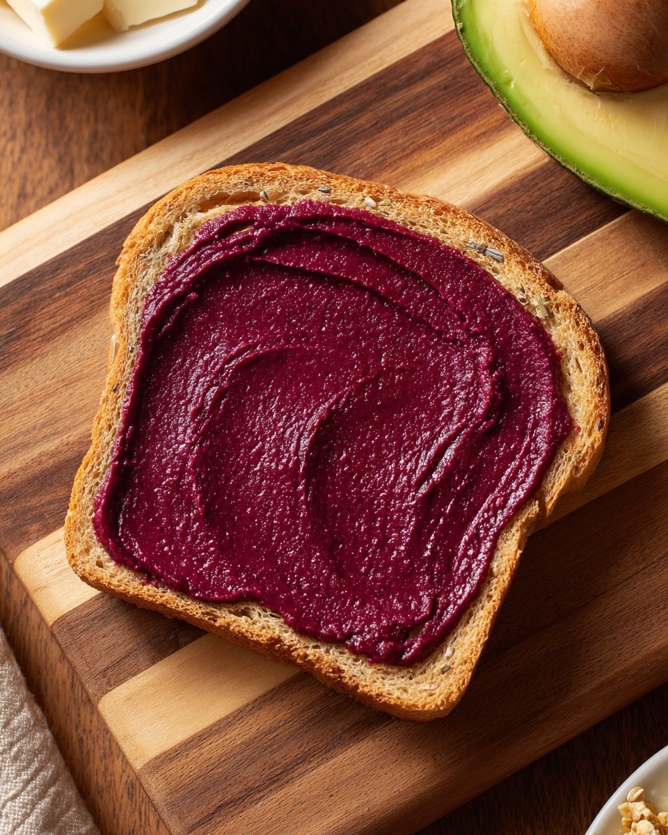 A single slice of toasted whole grain bread lies flat with a thick, even layer of smooth, deep purple-red spread covering almost the entire top surface, showing small texture lines from spreading. The bread has a golden-brown crust and the grain seeds are visible. The slice is placed on a wooden surface made of different shades of brown wood strips arranged horizontally. Around, there are partial views of a white bowl with white cheese at the bottom left, a halved avocado with green flesh at the top right, and another slice of bread with seeds on the right side. photo taken with an iphone --ar 4:5 --v 7