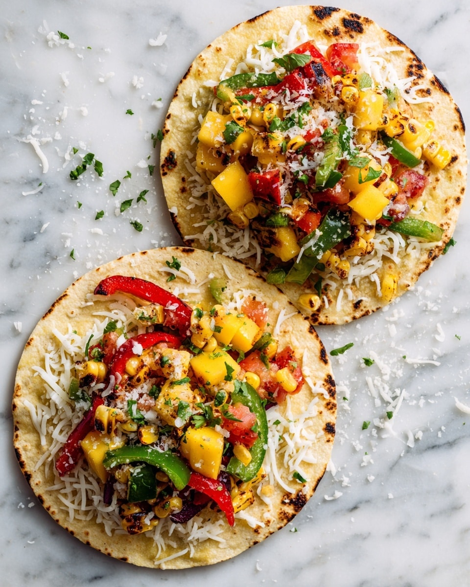 Two corn tortillas lie flat on a white marbled surface, each topped with layers of fresh ingredients. The bottom layer on both tortillas is a light, shredded white cheese evenly spread out. On the first tortilla, there are charred red and green pepper strips along with small grilled corn kernels scattered on top. The second tortilla features a mix of diced yellow mango, diced red tomato, grilled green pepper strips, and grilled corn kernels placed over the cheese. The ingredients look fresh and colorful with a mix of soft, juicy, and slightly charred textures. Photo taken with an iphone --ar 4:5 --v 7