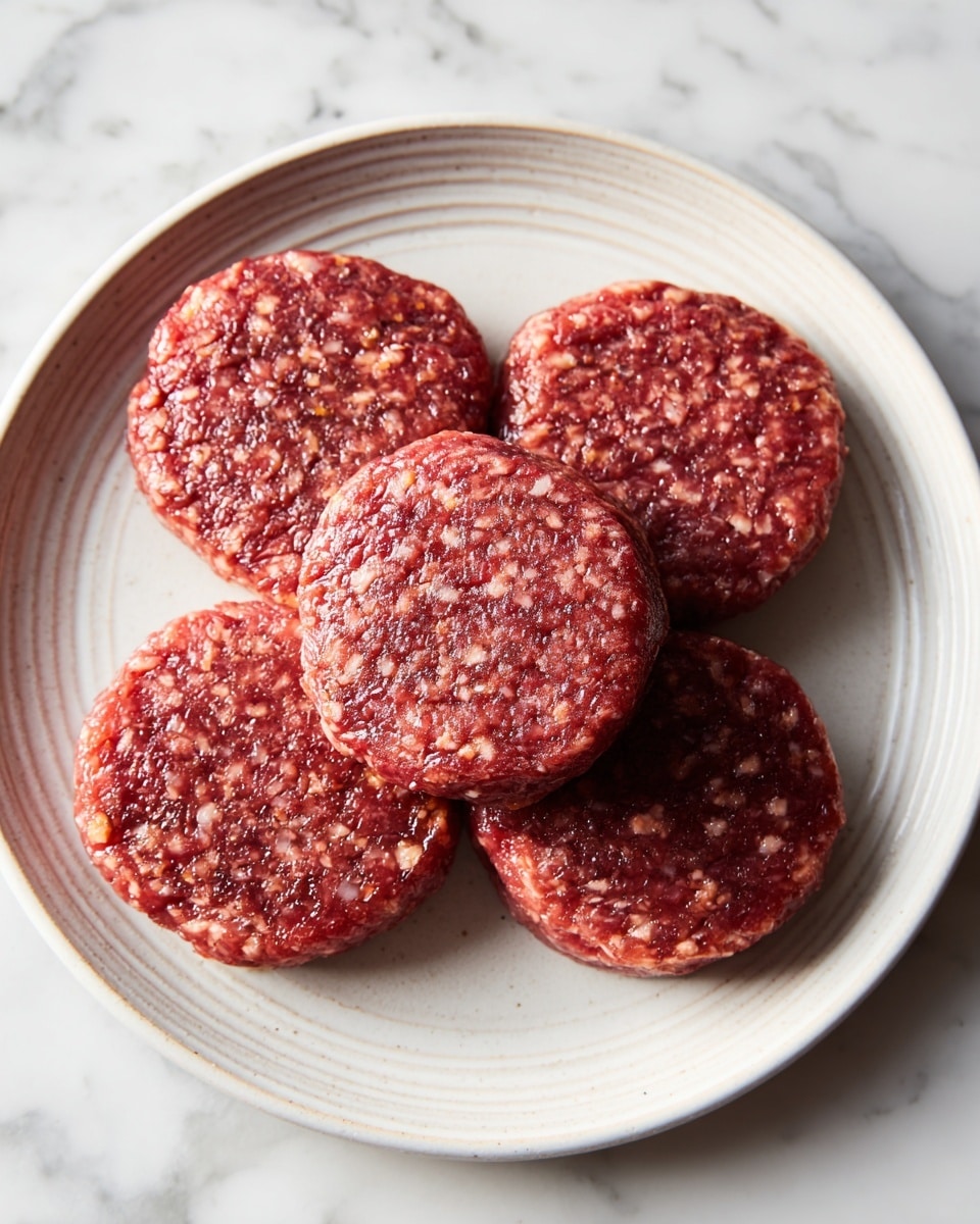 The image shows five raw burger patties arranged in a circular pattern on a white plate with a simple textured edge. Each patty is thick and round, with a reddish-brown color mixed with small bits of onion visible throughout. The patties have a shiny, slightly sticky surface, likely from a glaze or marinade. The plate is set on a white marbled surface, giving a clean and bright background. Photo taken with an iphone --ar 4:5 --v 7