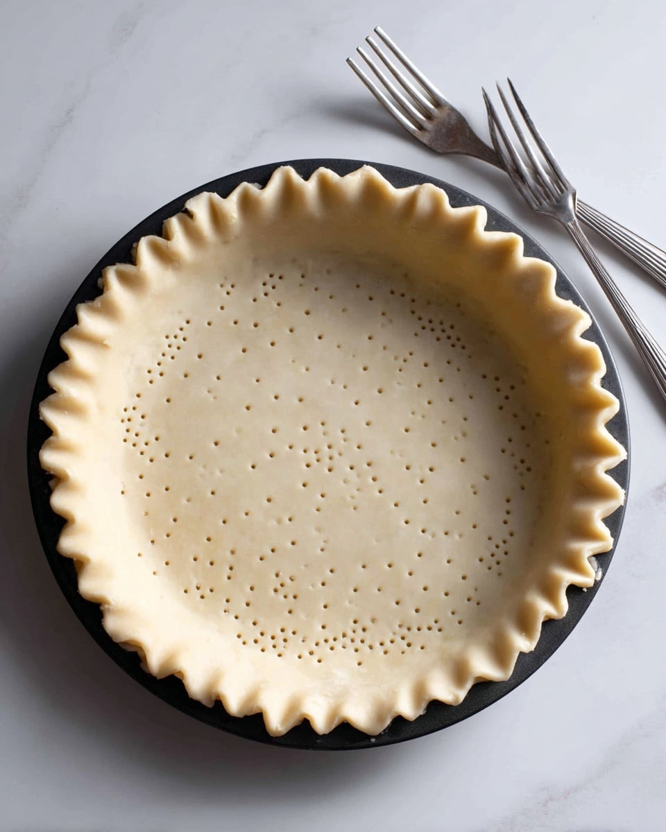 A round black pie pan holds one layer of raw pie dough pressed against its sides, with the edges loosely folded and uneven. The smooth, pale beige dough has small holes poked all over the flat base, giving it a dotted texture. The pan rests on a white marbled surface, and to the right side of the pan lies a silver fork. The scene is softly lit, showing the dough's slightly floured matte texture. Photo taken with an iphone --ar 4:5 --v 7