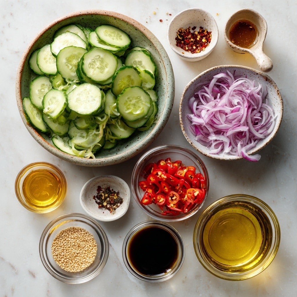 The image shows three stages of making a cucumber salad on a white marbled surface. In the first part, a clear glass bowl filled with thinly sliced green cucumbers is shown from above. In the second part, a woman's hand is shaking a clear glass container to pour a light liquid with seasoning over a bowl that holds sliced cucumbers, finely chopped orange carrots, and thin rings of purple onions. In the third part, the salad is mixed in a clear glass bowl, showing layers of bright green cucumber slices, small bits of orange carrot, and thin purple onion rings all combined with a light dressing. photo taken with an iphone --ar 4:5 --v 7