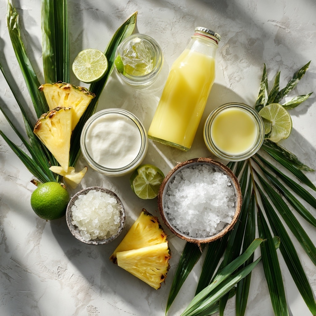 The image shows a clear glass filled with a creamy, light yellow drink with crushed ice. On top, there is a slice of green lime placed inside the glass near the rim. A triangular piece of pineapple with green skin is attached to the rim as a garnish. A pale yellow liquid is being poured into the glass from a shaker above. The glass is set on a white marbled surface with scattered ice cubes around. In the background, another similar drink garnished with pineapple is visible, slightly blurred. photo taken with an iphone --ar 4:5 --v 7