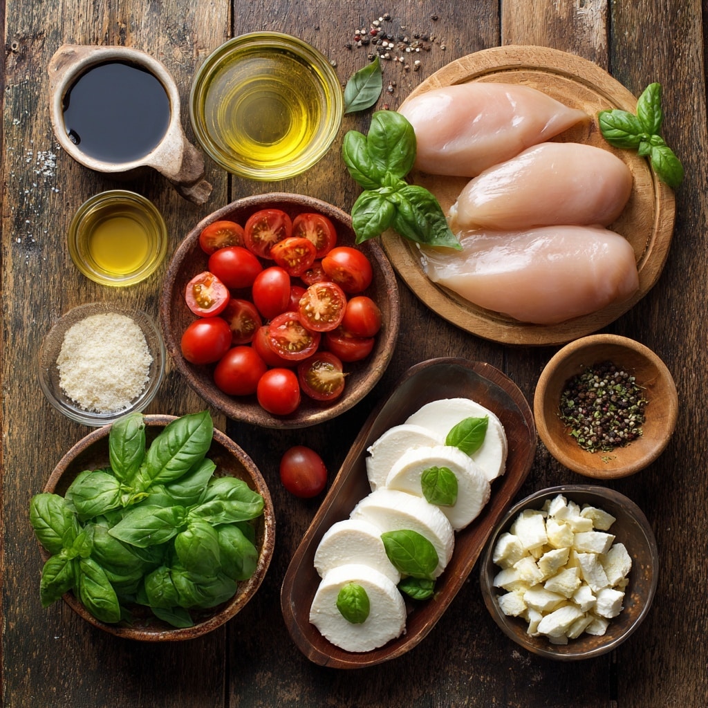 A white pan with four cooked chicken pieces seasoned with black pepper, arranged in a circle inside. Around the chicken, there are many whole cherry tomatoes with bright red color scattered evenly. A white bowl is tilted above the pan, pouring dark brown sauce with a glossy texture over the chicken. The pan is on a white marbled surface, and the lighting is soft and natural. photo taken with an iphone --ar 4:5 --v 7