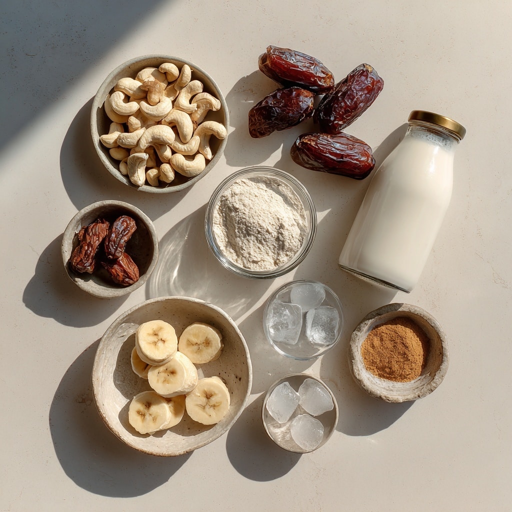 Inside a clear blender, there are several layers of ingredients. At the bottom is a white powder, likely protein powder, creating a soft base. On one side, there are creamy yellow banana pieces, cut into chunks. Next to the bananas, there are some light beige cashew nuts. On top of the cashews, there is a sprinkle of brown cinnamon powder. Resting on the cinnamon and cashew layer, there are three dark brown dates that are shiny and wrinkled. A woman's hand is pouring a clear liquid, probably water, into the blender from the left side. The blender sits on a white marbled surface. photo taken with an iphone --ar 4:5 --v 7