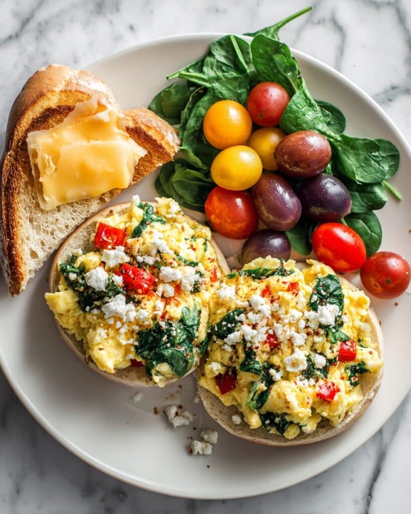 Colorful Veggie Scramble with Goat Cheese and Toasted English Muffins Recipe