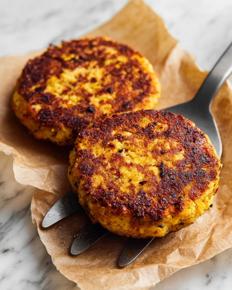 Two cooked round patties with a golden brown and slightly crispy surface sit on brown parchment paper over a baking tray. One patty is being lifted by a dark gray spatula, showing a textured edge with some crispier bits. The patties have uneven, slightly rough surfaces with a mix of light and darker brown spots. The background is a white marbled texture. Photo taken with an iphone --ar 4:5 --v 7