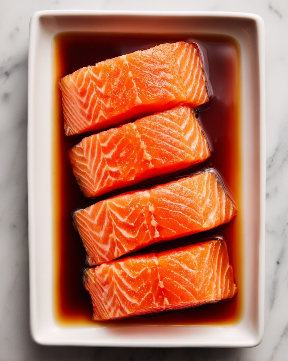 Four rectangular pieces of raw salmon with a bright orange color and a smooth, shiny texture are placed side by side in a white rectangular dish. The salmon sits in a dark brown liquid marinade that covers the bottom of the dish and partially surrounds the fish pieces. The white marbled surface visible around the dish highlights the fresh look of the salmon. photo taken with an iphone --ar 4:5 --v 7