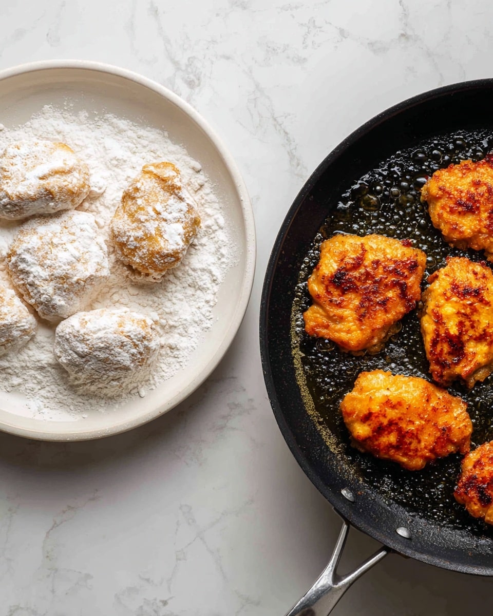 The image shows two side-by-side photos on a white marbled surface. On the left, there is a white plate with four raw chicken pieces coated in white flour, with a powdery texture and some flour scattered on the plate. On the right, a black frying pan holds four cooked chicken pieces, which are golden brown with crispy textures and slight char marks, sizzling in hot oil. The contrast between the raw and cooked chicken is clear, with the cooked pieces showing a juicy and browned exterior. Photo taken with an iphone --ar 4:5 --v 7