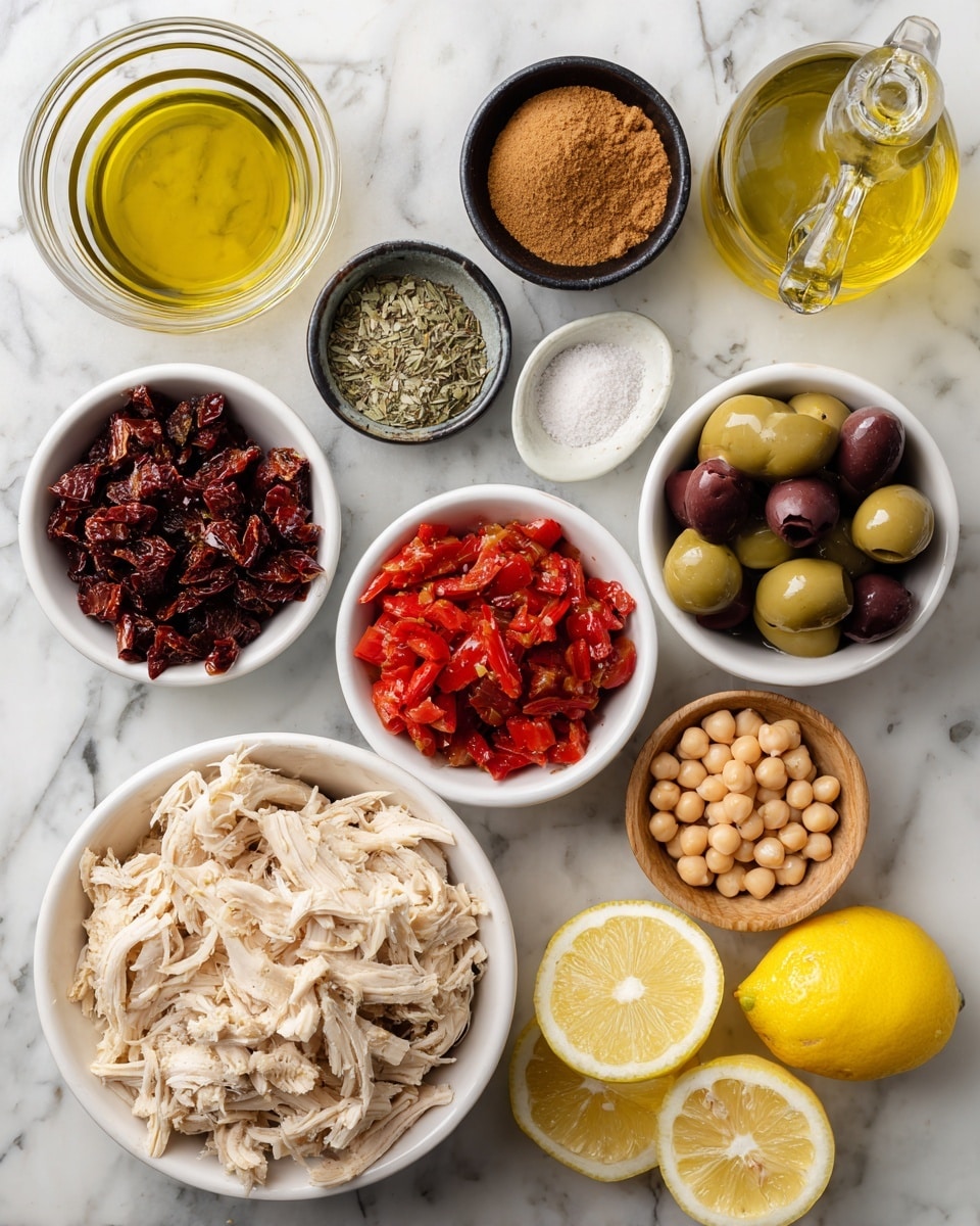 A white bowl filled with shredded pale beige chicken pieces is positioned on the lower left, while a white bowl of round beige chickpeas is on the upper right. Surrounding these are smaller white bowls containing bright red diced roasted peppers, dark maroon and green sliced olives, and deep red chopped sun-dried tomatoes. Spice containers include a small black bowl with light brown powder, a small white bowl with dry green oregano, a small white bowl of white salt with black pepper, and a small wooden bowl with pale beige granules. A white bowl holds halved bright yellow lemons and lemon zest, and a clear bottle of golden olive oil stands nearby. The items rest on a white marbled surface. photo taken with an iphone --ar 4:5 --v 7