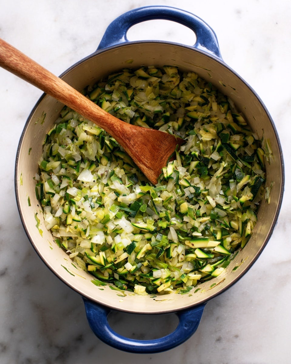 A top view of a blue enamel pot with three layers of chopped vegetables inside. The bottom layer is small white bits that look soft, above that is light green chopped peppers, and on top are shredded dark and light green pieces of zucchini. A wooden spoon with a light brown smooth texture is stirring the vegetables in the right side of the pot. The pot sits on a white marbled surface. Photo taken with an iphone --ar 4:5 --v 7
