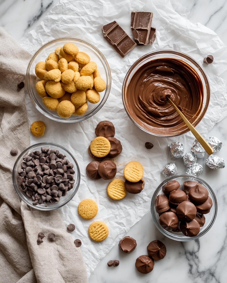 The image shows a top view of ingredients arranged on a white marbled surface covered partly with crumpled white paper. There are four clear glass bowls: one filled with small round golden brown cookies, one with smooth melted dark brown chocolate with a wooden stick in it, one with whole chocolate kisses, and one with small chocolate chips. Scattered around are some loose golden cookies, loose chocolate chips, and silver wrapped chocolate kisses. In the center, there are three small treats made by attaching a golden cookie to the flat bottom of a chocolate kiss, showing a shiny dark brown chocolate texture and the soft cookie surface. Photo taken with an iphone --ar 4:5 --v 7