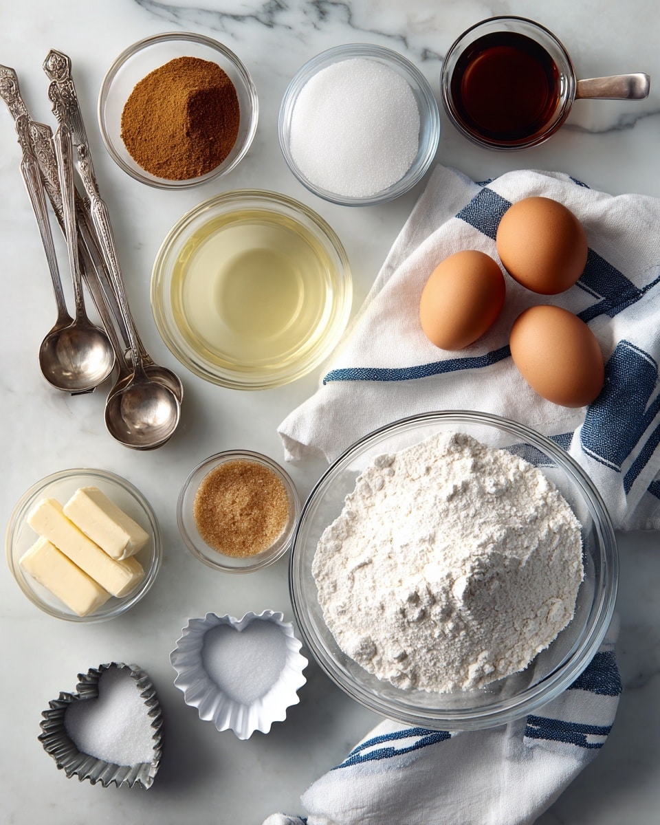 The image shows baking ingredients carefully placed on a white marbled surface with a white and blue striped cloth underneath. At the bottom right is a large clear glass bowl filled with white flour. Above the bowl are two brown eggs resting on the cloth. To the left of the eggs, there is a clear glass bowl of pale yellow liquid. Above this is a small round glass container filled with dark brown liquid. On the left side, from top to bottom, there are metal measuring spoons containing cinnamon, baking soda, and another brown spice, followed by a metal cup of white granulated sugar and another metal cup filled with light brown sugar. Two sticks of butter are placed at the bottom left, next to a small round glass bowl with clear liquid. There is also a metal heart-shaped cookie cutter and a small white fluted tin filled with salt near the bottom center. photo taken with an iphone --ar 4:5 --v 7