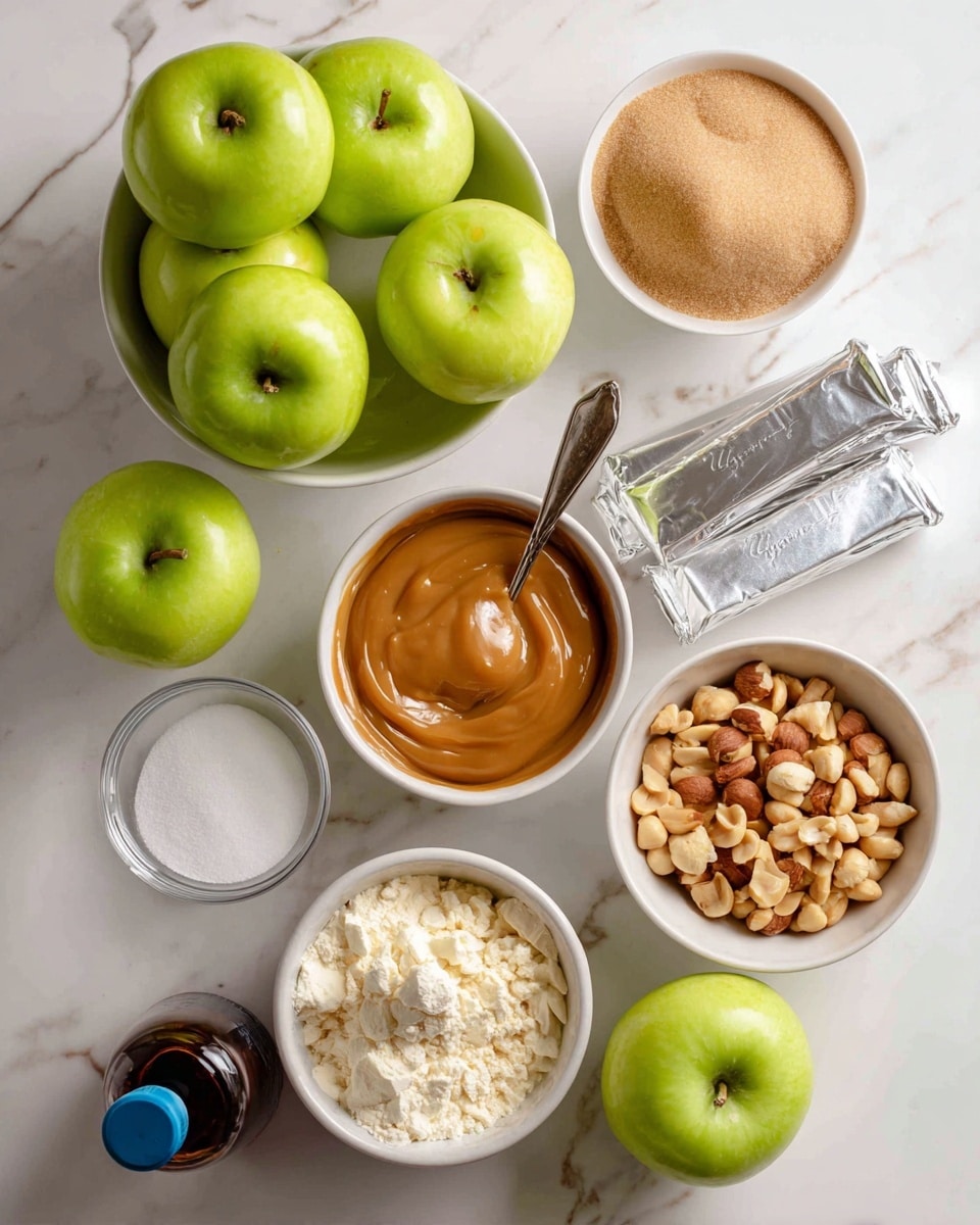 The image shows several bowls and containers with ingredients arranged on a white marbled surface. At the top left, a white bowl holds five bright green apples. To the right, a white bowl contains light brown brown sugar. Below the apples, a white bowl has a smooth caramel-colored sauce with a silver spoon inside. To the right, there are two silver wrapped butter sticks stacked. Below the caramel sauce, a small clear bowl holds white powdery flour. Next to this, a small white bowl contains light beige crunchy bits. To the right, another white bowl is filled with roasted peanuts, with some peanuts spilled on the surface nearby. At the bottom left, a small dark bottle with a blue cap stands next to a clear measuring cup filled with white granulated sugar. Finally, two green apples rest beside the measuring cup. Photo taken with an iphone --ar 4:5 --v 7