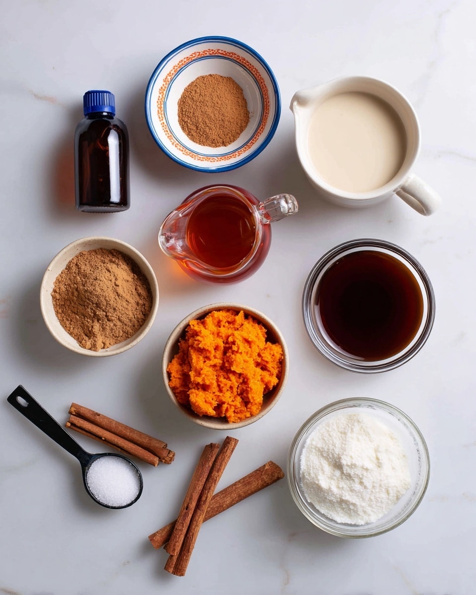 A top view of nine ingredients arranged neatly on a white marbled surface. At the top left, a small dark brown bottle with a blue cap; next to it, a small round white bowl with an orange rim filled with brown powder. To the right, a white cup filled with light cream liquid. In the middle row from left, a small pitcher with reddish syrup and a wooden handle, next to it a small white bowl filled with bright orange mash, then a glass bowl containing a dark brown liquid. At the bottom left, a white bowl with brown powder and two cinnamon sticks beside it, next to them a black 1/4 cup measuring spoon filled with white granulated sugar, and lastly at the bottom right, a clear glass measuring cup with white cream. photo taken with an iphone --ar 4:5 --v 7