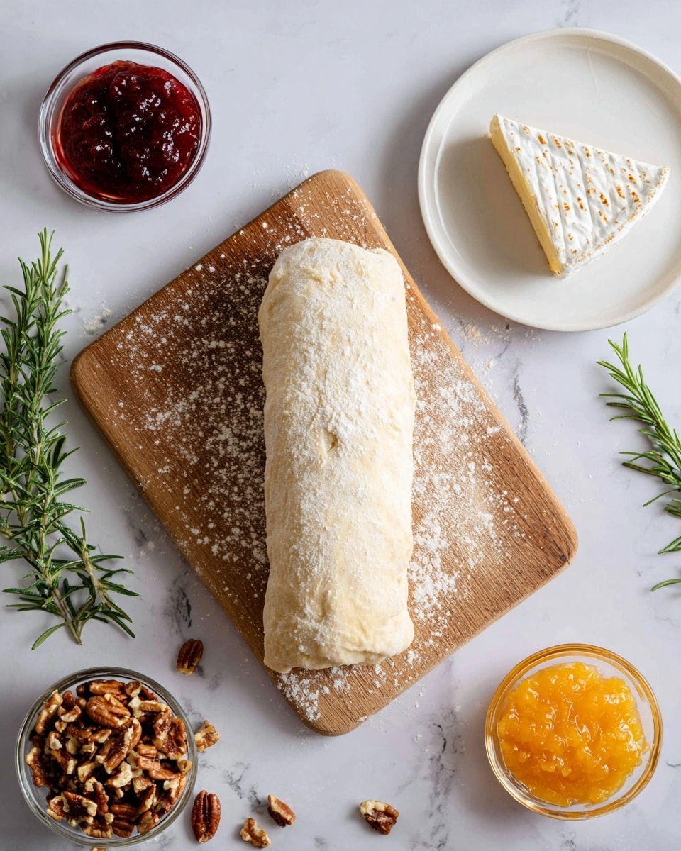 A long, slightly rough dough log rests on a wooden board dusted with flour, positioned centrally on a white marbled surface. To the right, there is a white plate holding a single triangular piece of soft brie cheese with a white rind and light brown spots. Surrounding the dough are three small glass bowls: the top left bowl contains a bright red, thick jam, the bottom right bowl features a chunky orange marmalade, and below the wooden board is a small bowl filled with chopped pecans. A sprig of fresh green rosemary lies to the left side. The scene is bright and clean. photo taken with an iphone --ar 4:5 --v 7