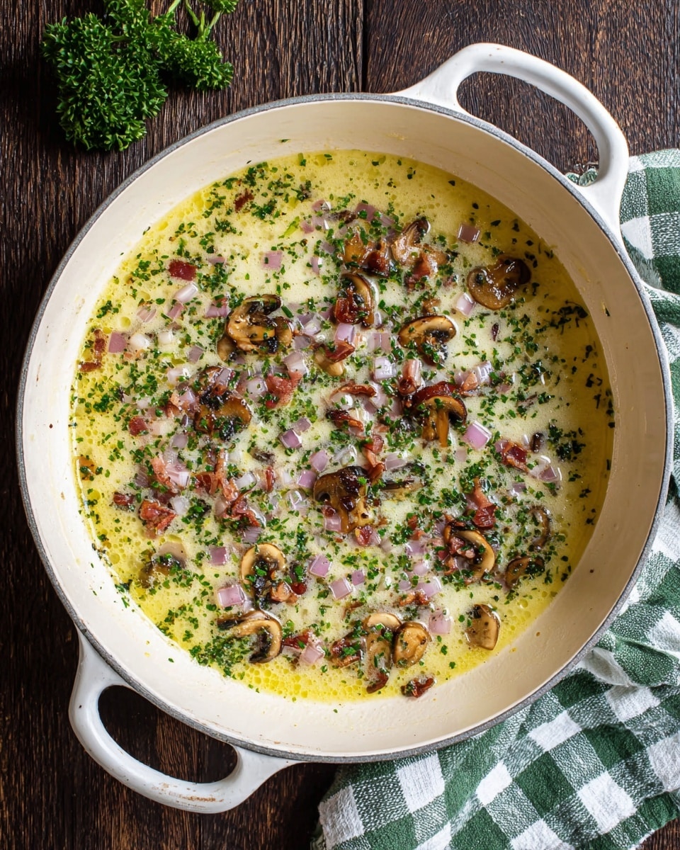 The image shows a white pan with two handles and a pale yellow outer edge. Inside the pan, there is a layer of melted butter mixed with diced pink and white onions scattered throughout. Small browned pieces of mushrooms and herbs are sprinkled evenly, adding greenish specks all over the buttery surface. The pan is placed on a dark wooden surface with a folded green and white checkered cloth nearby. Photo taken with an iphone --ar 4:5 --v 7